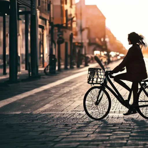 Prompt: a girl rides a bicycle on the street at dusk
