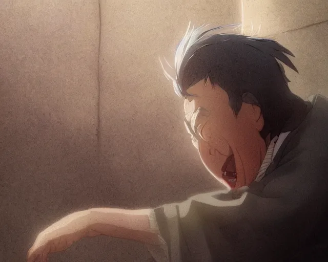 Prompt: a 50 year old brunnete happy chinese man with puffy cheeks bursting in tears on the floor, close up shot, anime art, Greg Rutkowski, studio ghibli, dramatic lighting