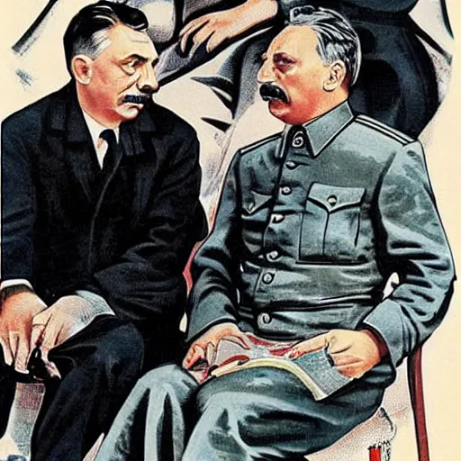 Image similar to hungarian prime minister viktor orban sitting in the lap of joseph stalin, soviet propaganda poster art from 1 9 5 0