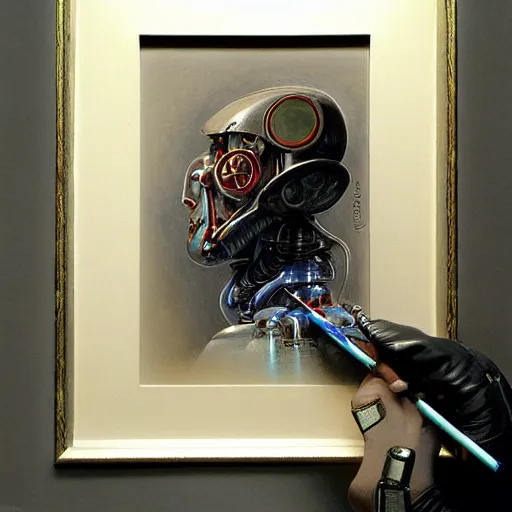 Prompt: robot artist artist painting a self portrait, by john howe