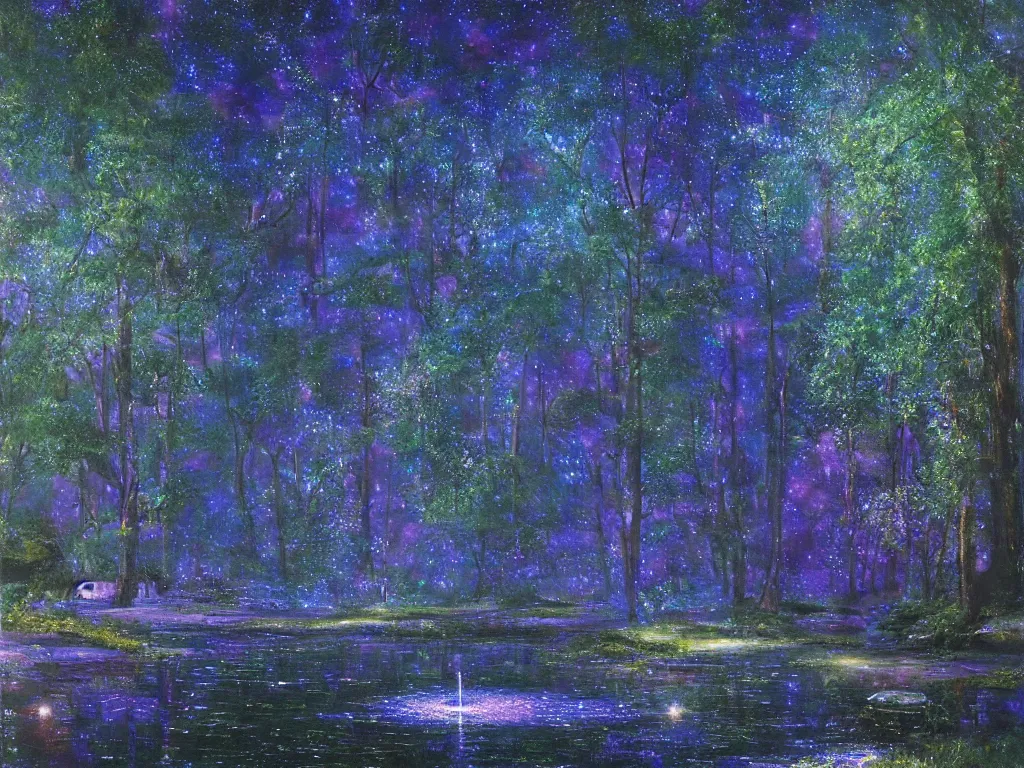 Prompt: a cinematic beautiful magical moonlit blue and purple forest full of ethereal sparkling glowing blue lights with a beautiful galaxy sky and a glistening glittery pond and river, soft lighting, ultra high detail, oil on canvas, HD, by Gilbert Williams