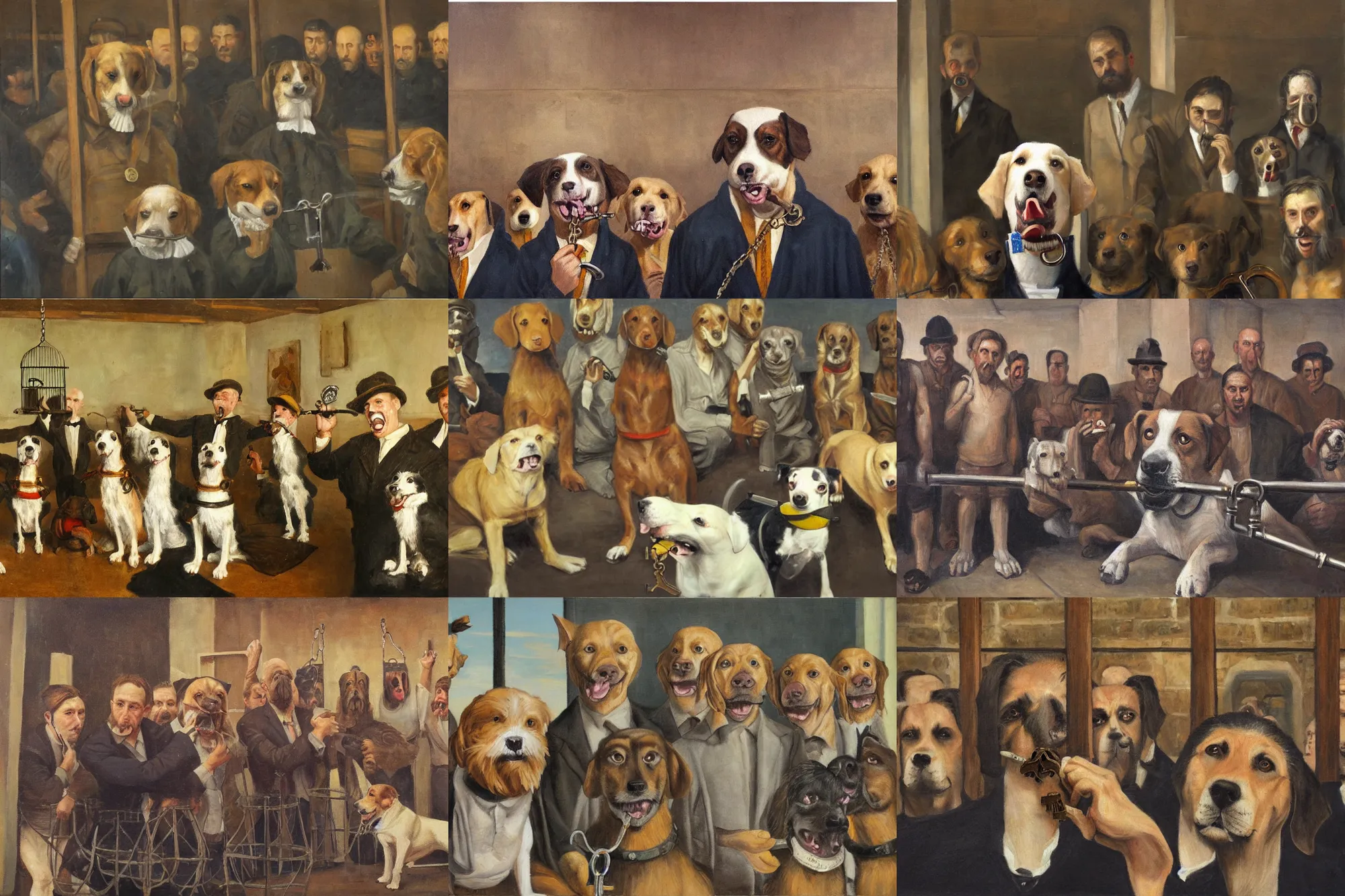 Prompt: dog holding a key in mouth, group of men behind bars in the background, wide angle, realism, old painting, oil painting