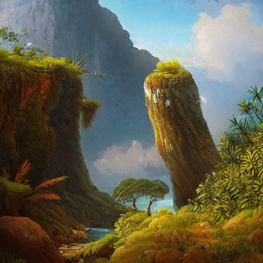 Image similar to detailed painting of a lush natural scene on an alien planet by marinus adrianus koekkoek. beautiful landscape. weird colourful vegetation. cliffs and water.