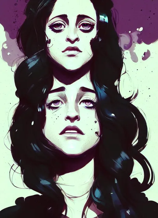 Image similar to highly detailed closeup portrait of beautiful carly chaikin as darlene alderson, wavy black hair, by atey ghailan, by greg rutkowski, by greg tocchini, by james gilleard, by joe fenton, by kaethe butcher, gradient purple, black and white color scheme, grunge aesthetic!!! ( ( graffiti tag wall background ) )