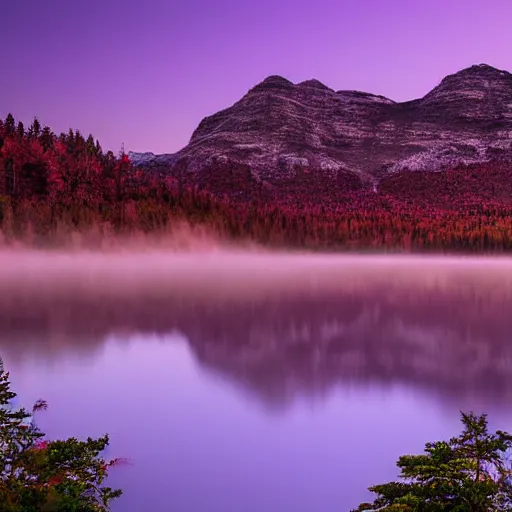 Prompt: Stunning 4K night photograph of a purple mist rolling over a lake.