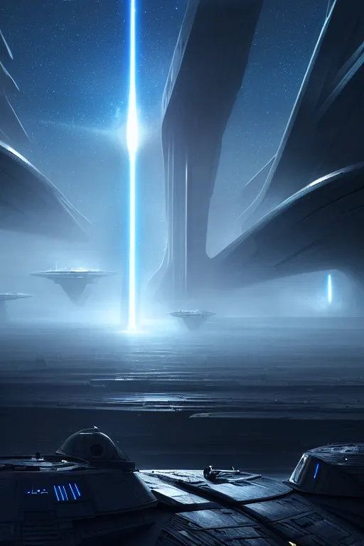 Prompt: emissary space of infinite galaxies and futuristic ground level, sci - fi star wars megacity with dramatic lighting and dramatic sky, 4 k, cinematic cinematography by arthur haas and bruce pennington and john schoenherr, cinematic matte painting, zaha hadid building, photo realism, dark moody color palate, blue hour stars, desolate glacial landscape,