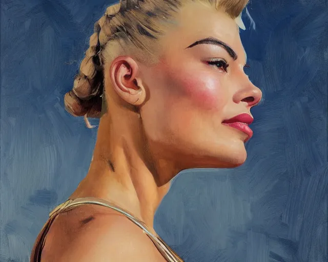 Image similar to greg manchess portrait painting of smiling margot robbie as beautiful thick female bodybuilder zarya from overwatch, medium shot, asymmetrical, profile picture, organic painting, sunny day, matte painting, bold shapes, hard edges, street art, trending on artstation, by huang guangjian and gil elvgren and sachin teng