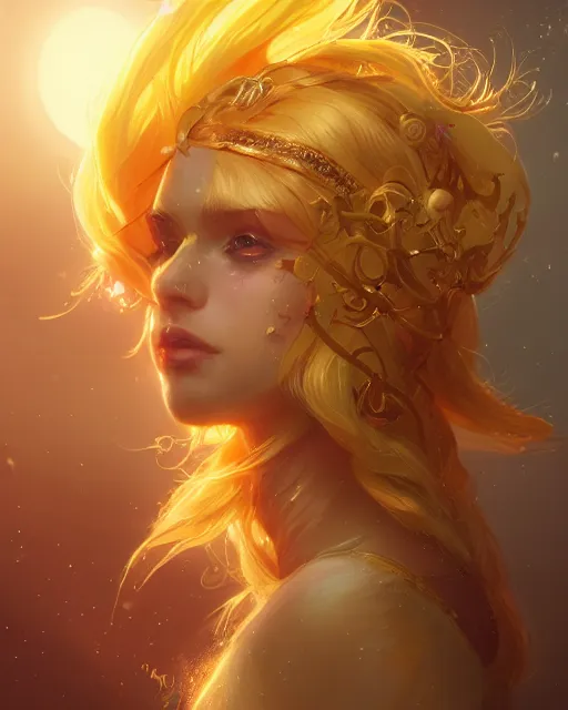 Prompt: a beautiful sun goddess, flowy yellow golden hair, golden eyes, sun, summer, cinematic lighting, highly detailed, digital painting, trending on artstation, pixiv, concept art, sharp focus, illustration, art by ross tran and wlop