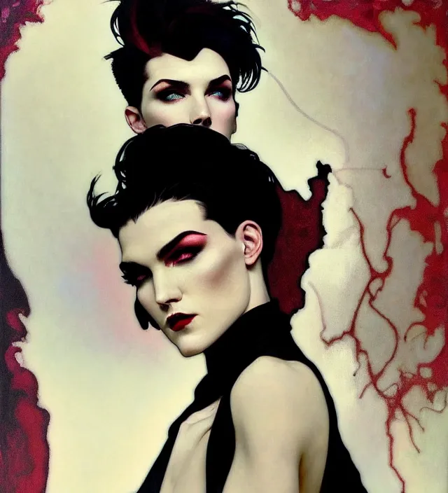 Image similar to stunning portrait of highly details androgynous ruby rose as desire from sandman, rockabilly style, by ego shield, by alphonse mucha, by jeremy mann, by peter lindbergh, dave mckean, by maurice sapiro, by frank moth, white suit and black tie, soft lightning, high detailed, 8 k