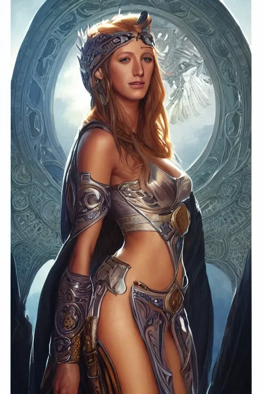 Image similar to ultra realistic illustration, blake lively as athena from baldurs gate and diablo, intricate, elegant, highly detailed, digital painting, artstation, concept art, smooth, sharp focus, illustration, art by artgerm and greg rutkowski and alphonse mucha