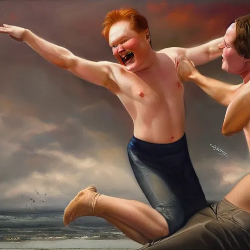 Prompt: conan o'brien and andy richter wrestling, by tom bagshaw, oil on canvas