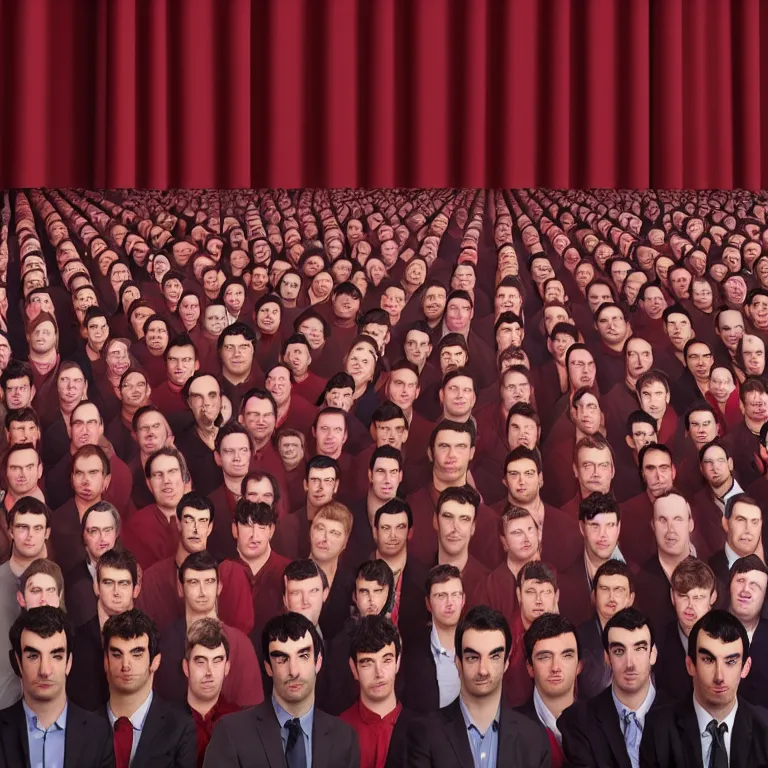 Image similar to focused dslr close - up photograph of single nathan fielder from nathan for you on comedy central on a stage with a red curtain, portrait, in front of hundreds of fielder clones, meta, fractal, trippy, high detail!!! 8 k!!!!, photorealism!!!, sharp focus!!! coherent!!!