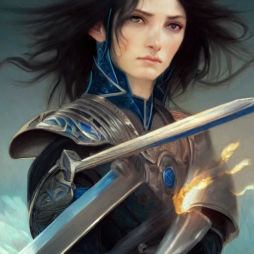 Prompt: woman dressed in plate armor with black hair and blue eyes wielding a greatsword, elegant, digital illustration, fire magic, detailed, intricate, sharp focus, digital painting, deep focus, digital painting, artstation, concept art, matte, art by artgerm and greg rutkowski and alphonse mucha