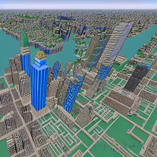 Image similar to new york city skyline built in minecraft, isometric view , voxel art