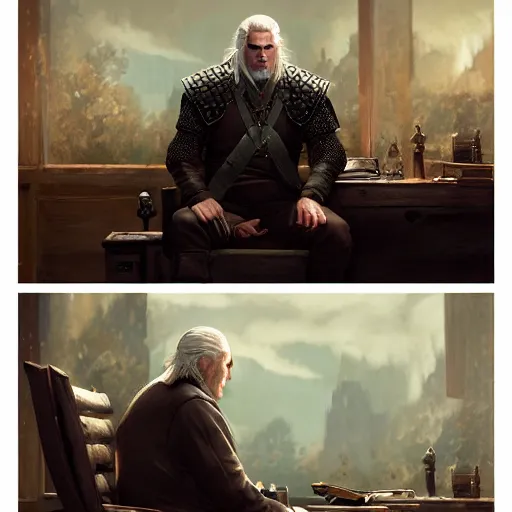 Image similar to old fatman sitting on chair reads the witcher saga, light stubble, digital art, photorealistoc, art by greg rutkowski, hyperdetailed, western comic style, comic, comic style, sharp lineart, professional lighting, deviantart, artstation, trevor henderson, rossdtaws, cinematic, dramatic