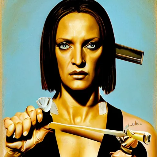 Image similar to Uma Thurman in Kill Bill (2003), full body portrait by Mad Dog Jones and Karol Bak