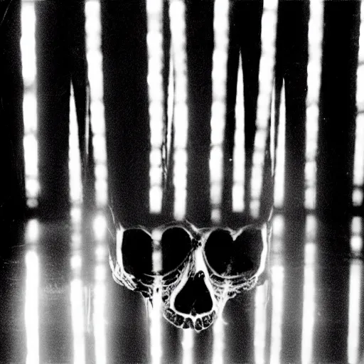 Image similar to a disco skull full of long spikes, reflecting light in a nightclub, grainy film photograph