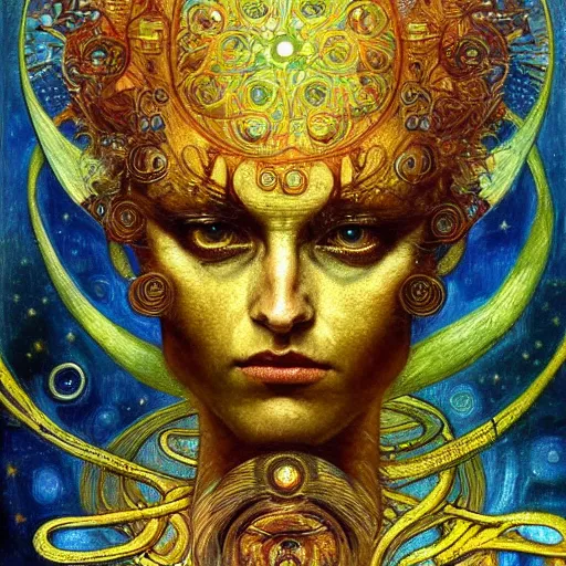 Image similar to a beautiful visionary portrait of Divine Chaos Engine by Karol Bak, Jean Deville, Gustav Klimt, and Vincent Van Gogh, sacred geometry, mystic, spiritual, fractal structures, ornate gilded medieval icon, third eye, spirals