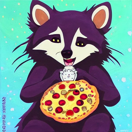 Prompt: a jeremiah ketner and studio ghibli acrylic impasto! painting! of a crying, sad and adorable and cute raccoon eating pizza