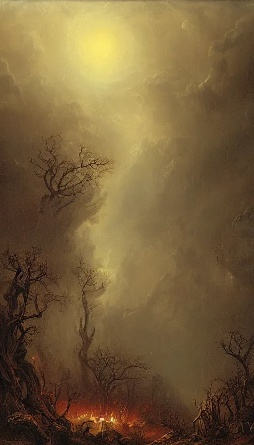 Image similar to a storm vortex made of many demonic eyes and teeth over a forest, by ivan aivazovski,