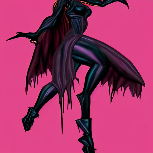 Prompt: dark sorceress in dynamic pose, cartoon style, shadman style