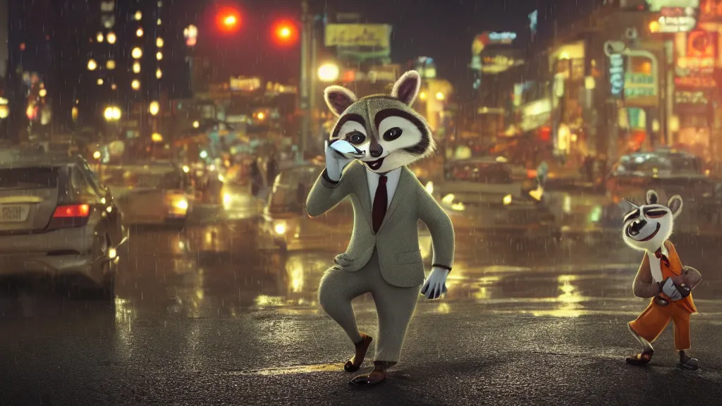 Image similar to A cute anthropomorphic raccoon businessman is walking down a busy crosswalk at in the rain at night, warm lighting with an orange glow blanketing the cityscape from the city lights, zootopia, other anthropomorphic characters are walking by him, extremely detailed, HDR, sideview, solemn and moody, many cars and animal people in the background, detailed face and eyes, large eyes with visible pupils, the road is wet with many rain puddles, reflections from the water on the ground, he is carrying a black briefcase