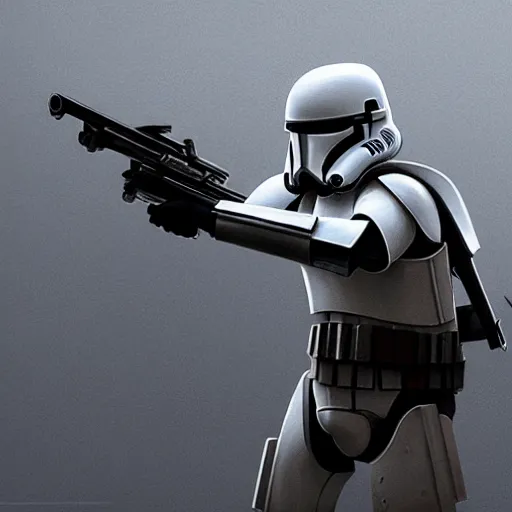 Image similar to a wide shot of an imperial stormtrooper in battle position ready to shoot his blaster concept art by Doug Chiang cinematic, realistic painting, high definition, very detailed, extremely high detail, photo realistic, concept art, the Mandalorian concept art style