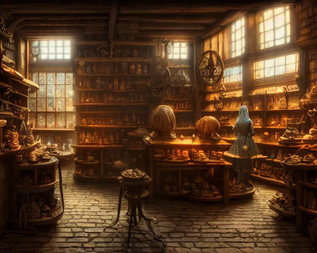 Prompt: a medieval shop, beautiful, detailed, realistic detailed clients, dark, concept art illustration, color page, tone mapping, akihiko yoshida, james jean, andrei riabovitchev, marc simonetti, digital illustration, greg rutowski, volumetric lighting, sunbeams, particles