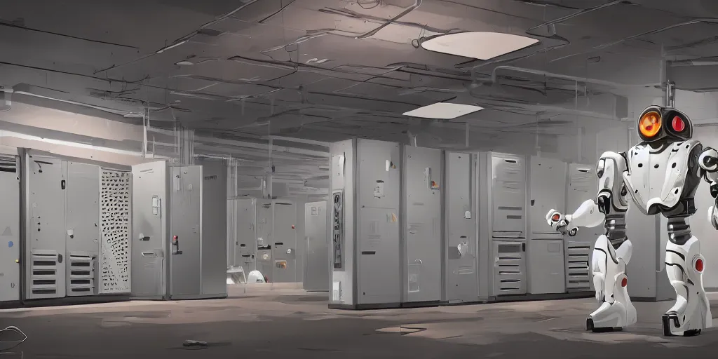 Image similar to parallax datacenter server room white rusty android robocowboy in artstation