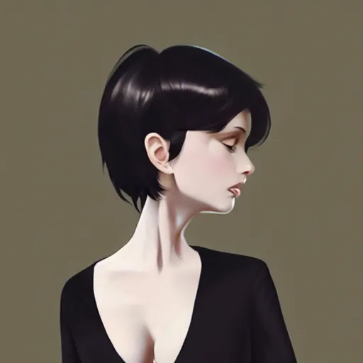 Image similar to slim girl in tuxedo with short black hair, elegant, 2d, ultra highly detailed, digital painting, smooth, sharp focus, artstation, art by Ilya Kuvshinov