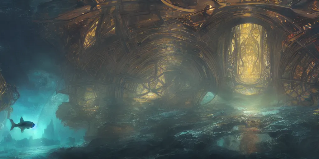 Prompt: an underwater landscape in the abyss, futuristic cathedral underwater, photorealistic, people, fishes, light rays from above the surface, realistic paint, specular light, high contrast, highly detailed, 4k, shallow depth of field, cinematic light, concept art, artstation, art by Enrich Victor, Alphonse Mucha