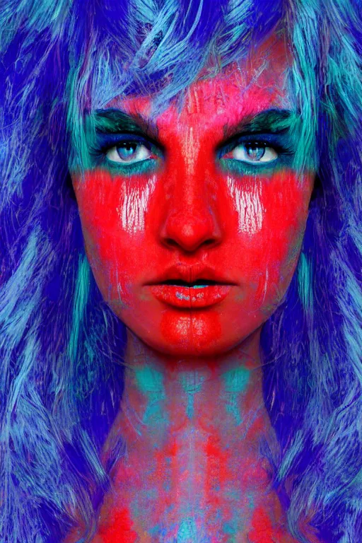 Prompt: glitched mix of endless female face and red paint in style of neo dada, blue background, hard paint, close-up