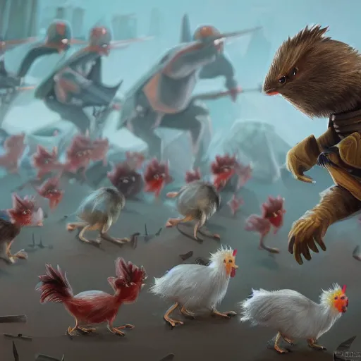 Image similar to army of tiny chickens vs 1 giant ninja rat, digital painting, artstation, hd, 4 k