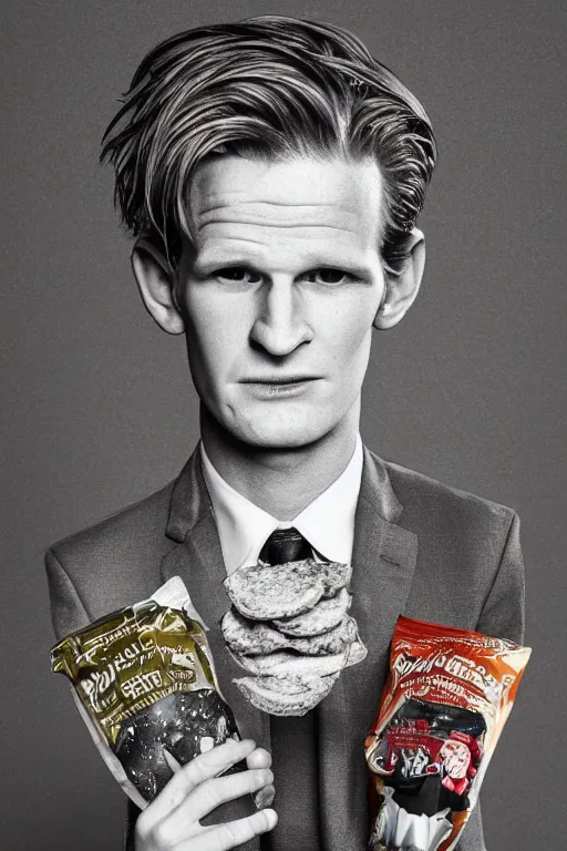 Image similar to 📷 matt smith the bag of smith's crisps, made of food, head portrait, dynamic lighting, 4 k