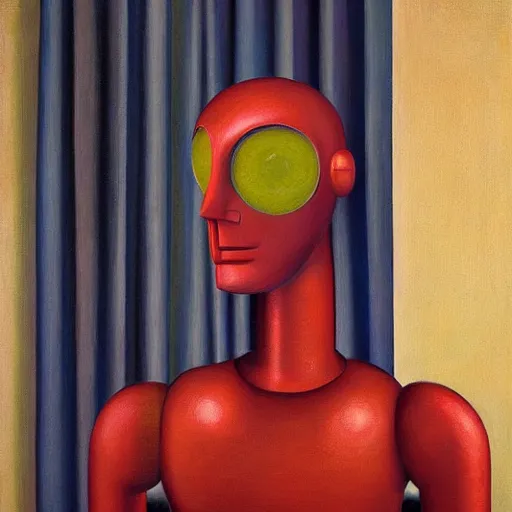 Image similar to super - intelligent robot with kind eyes portrait, grant wood, pj crook, edward hopper, oil on canvas