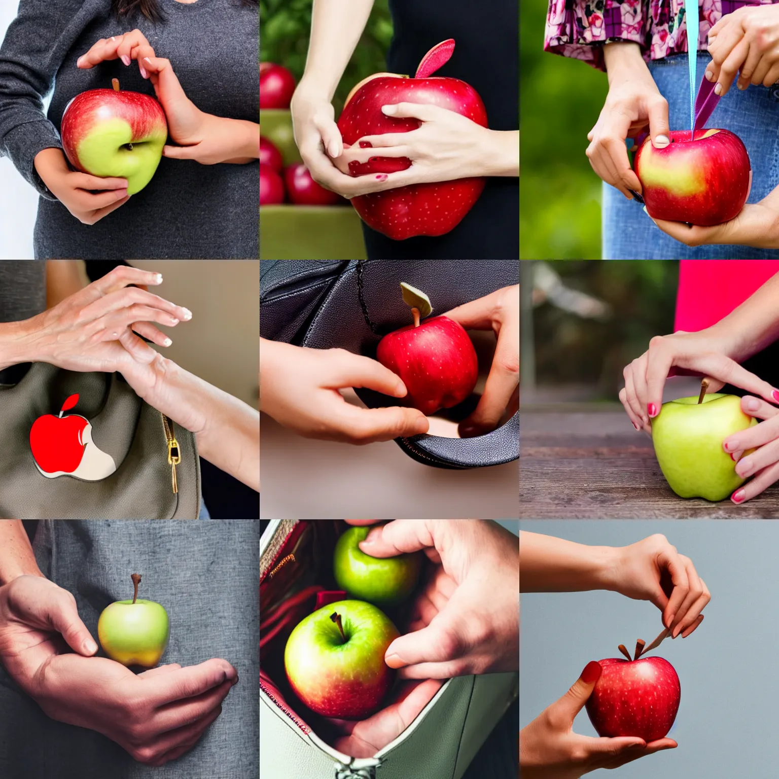 Prompt: A hand putting an apple into a handbag