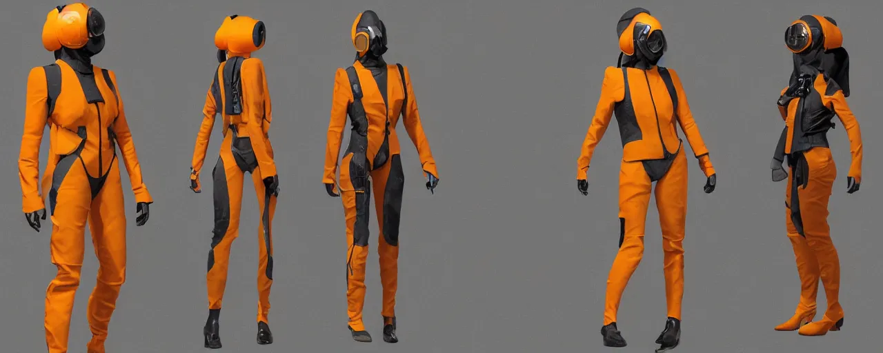Prompt: character design, fashion reference sheet, gaunt, 70's jetfighter pilot girl, optimistic, dirty yellow and orange flight suit, scuffed exoskeleton in a dark hangar, concept art, photorealistic, hyperdetailed, 3d rendering!, studio lighting , art by Frazetta,