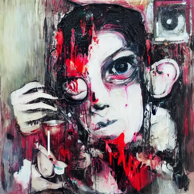 Image similar to “ a portrait in a female art student ’ s apartment, hakone checkpoint, sensual, art supplies, a candle dripping white wax, berry juice drips, acrylic and spray paint and oilstick on canvas, surrealism, neoexpressionism ”