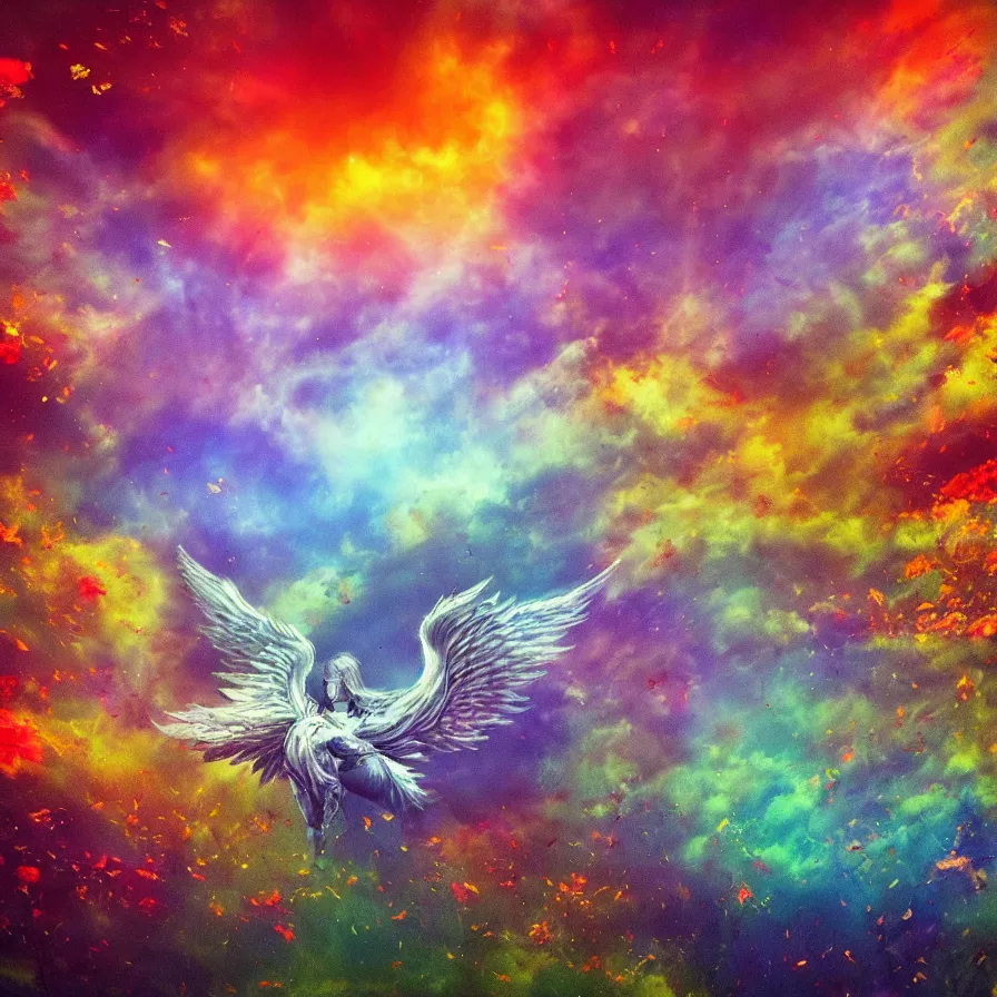 Image similar to dying grey demon with huge wide angel wings laying in beautiful summer flowers in amazing serene landscape in sun rays All the flowers around me are blooming. Lovely . Red burning meteor falling on background. Rainbow. Raining. Starts falling. Incredible colors. Hyperdetailed. Autumn color scheme.