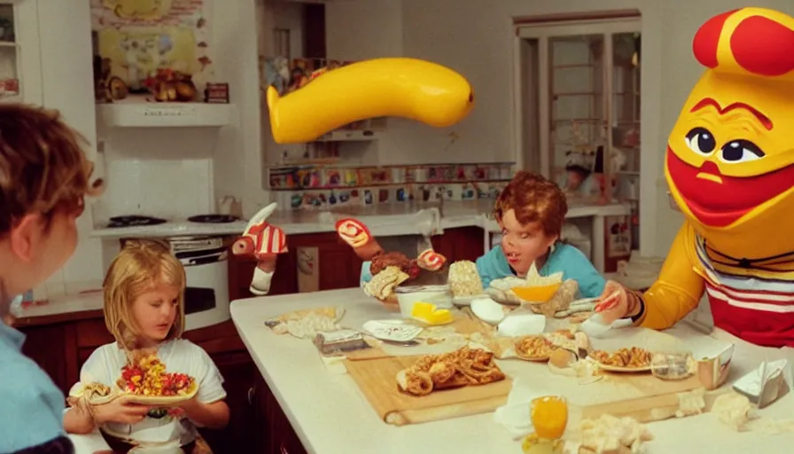 Prompt: 1 9 9 0 s candid 3 5 mm photo of a beautiful day in the family kitchen, cinematic lighting, cinematic look, golden hour, an absurd costumed mascot from the wacky giant face space club show is forcing the children to eat cereal, children are eating way too much cereal, uhd