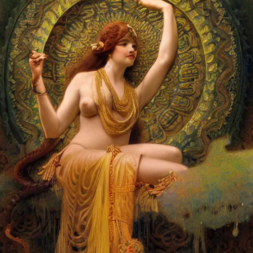 Image similar to detailed potraitof hidu goddes kali and serpent, girl graceful,, painting by gaston bussiere, craig mullins, j. c. leyendecker, lights, art by ernst haeckel, john william godward, hammershøi,,