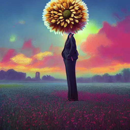 Prompt: giant daisy flower head, standing, a girl in a suit, surreal photography, sunrise, dramatic light, impressionist painting, digital painting, artstation, simon stalenhag