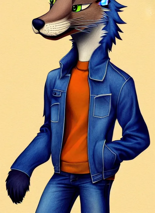 Image similar to expressive stylized master furry artist digital colored pencil painting full body portrait character study of the otter ( sergal ) small head fursona animal person wearing clothes jacket and jeans by master furry artist blotch, sharp focus vintage disney animation style