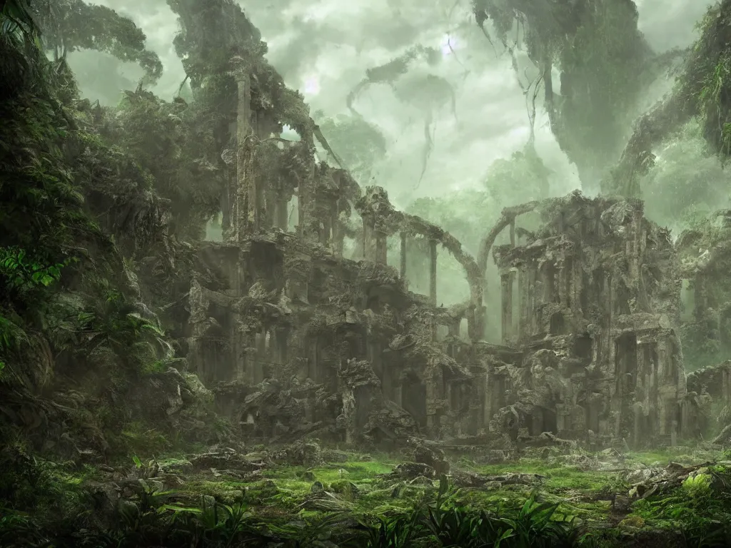 Prompt: hyper realistic photo of an ancient ruined temple of a monster elder god in the jungle, cinematic, rule of thirds, artstation, cgsociety