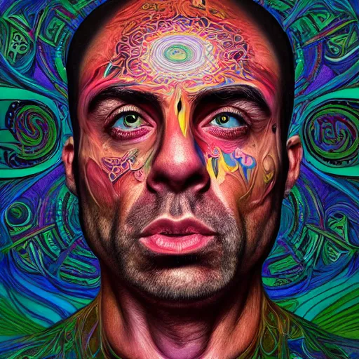 Image similar to An extremely psychedelic portrait of Joe Rogan, surreal, LSD, face, detailed, intricate, elegant, lithe, highly detailed, digital painting, artstation, concept art, smooth, sharp focus, illustration