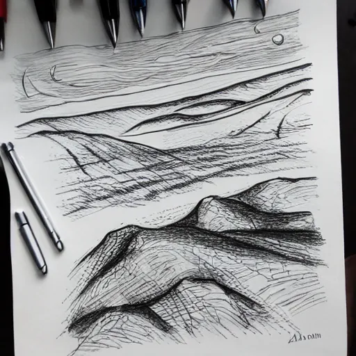 Prompt: a black pen sketch of a martian landscape, beginner, intermediate art, anatomy, paper art