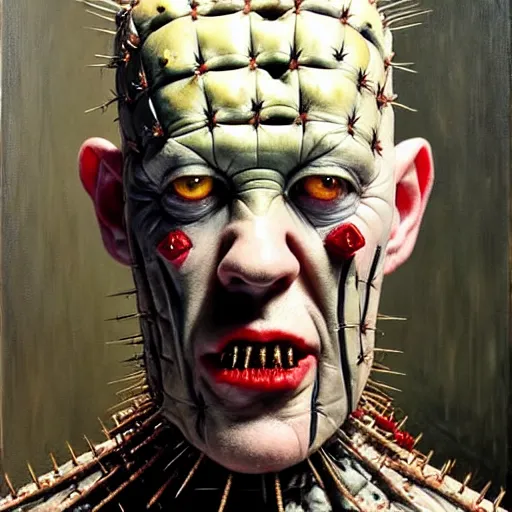 Prompt: portrait of pinhead from hellraiser. demonic cenobite. barbed wire face, blood. oil painting by lucian freud. path traced, highly detailed, high quality, j. c. leyendecker, drew struzan tomasz alen kopera, peter mohrbacher, donato giancola