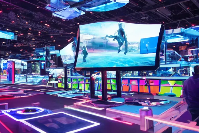 Prompt: futuristic high - tech tv show arena with mini games happening outside, wide angle, cinematographic shot, day