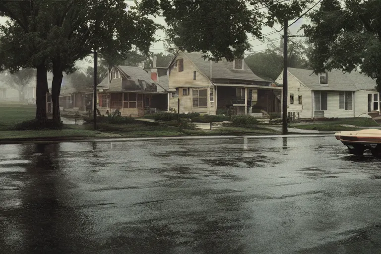 Prompt: a detailed photograph of a 1 9 7 0 s american neighborhood by gregory crewdson, photoreal, 4 k, rain