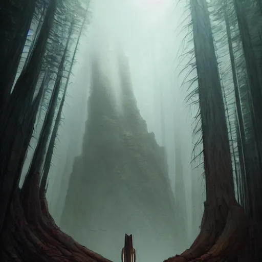 Image similar to stone humanoid colossus by grzegorz rutkowski and richard wright and peter mohrbacher and dan scott, atmospheric haze, stormy, redwood forest, gigantic trees, tiny woman in cloak in foreground silhouette, large scale